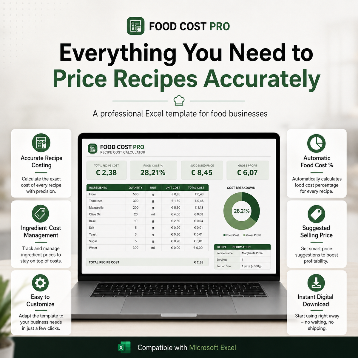 Food Cost Pro 5.0 – Multilingual Recipe Cost & Menu Engineering Excel Template