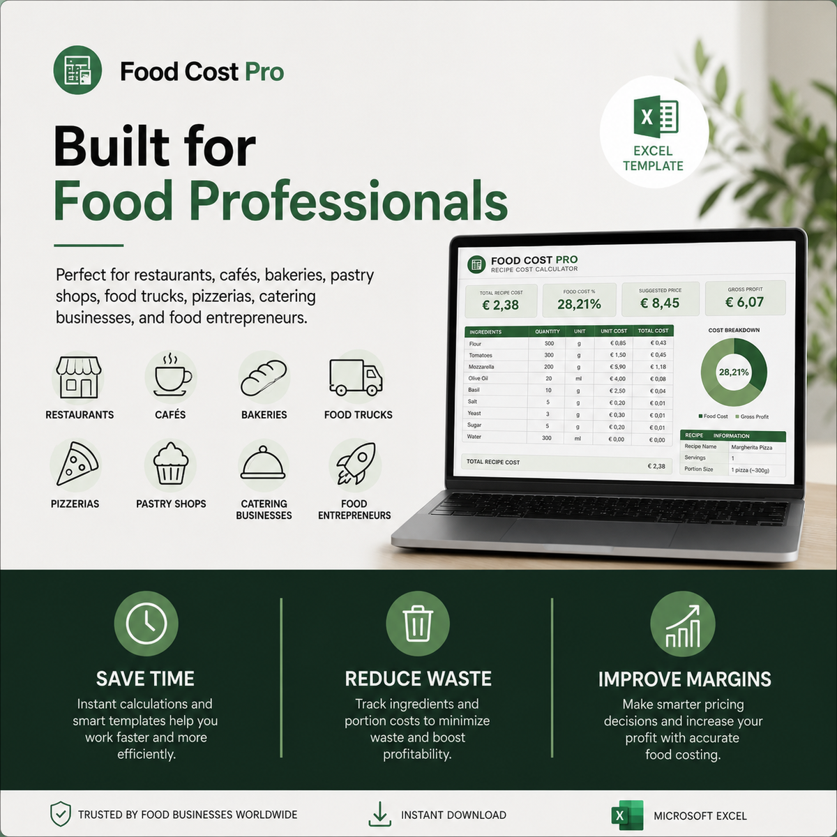 Food Cost Pro 5.0 – Multilingual Recipe Cost & Menu Engineering Excel Template