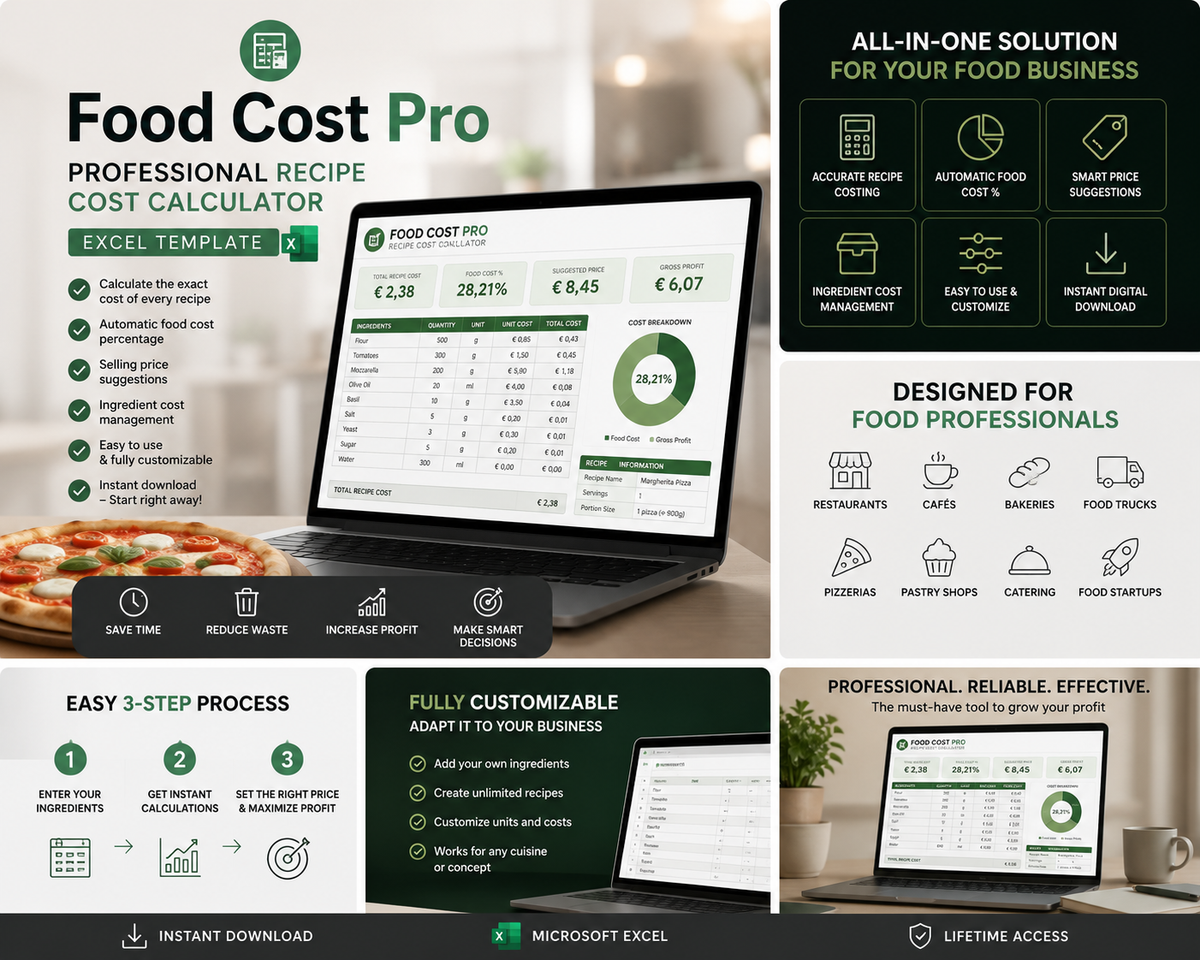 Food Cost Pro 5.0 – Multilingual Recipe Cost & Menu Engineering Excel Template